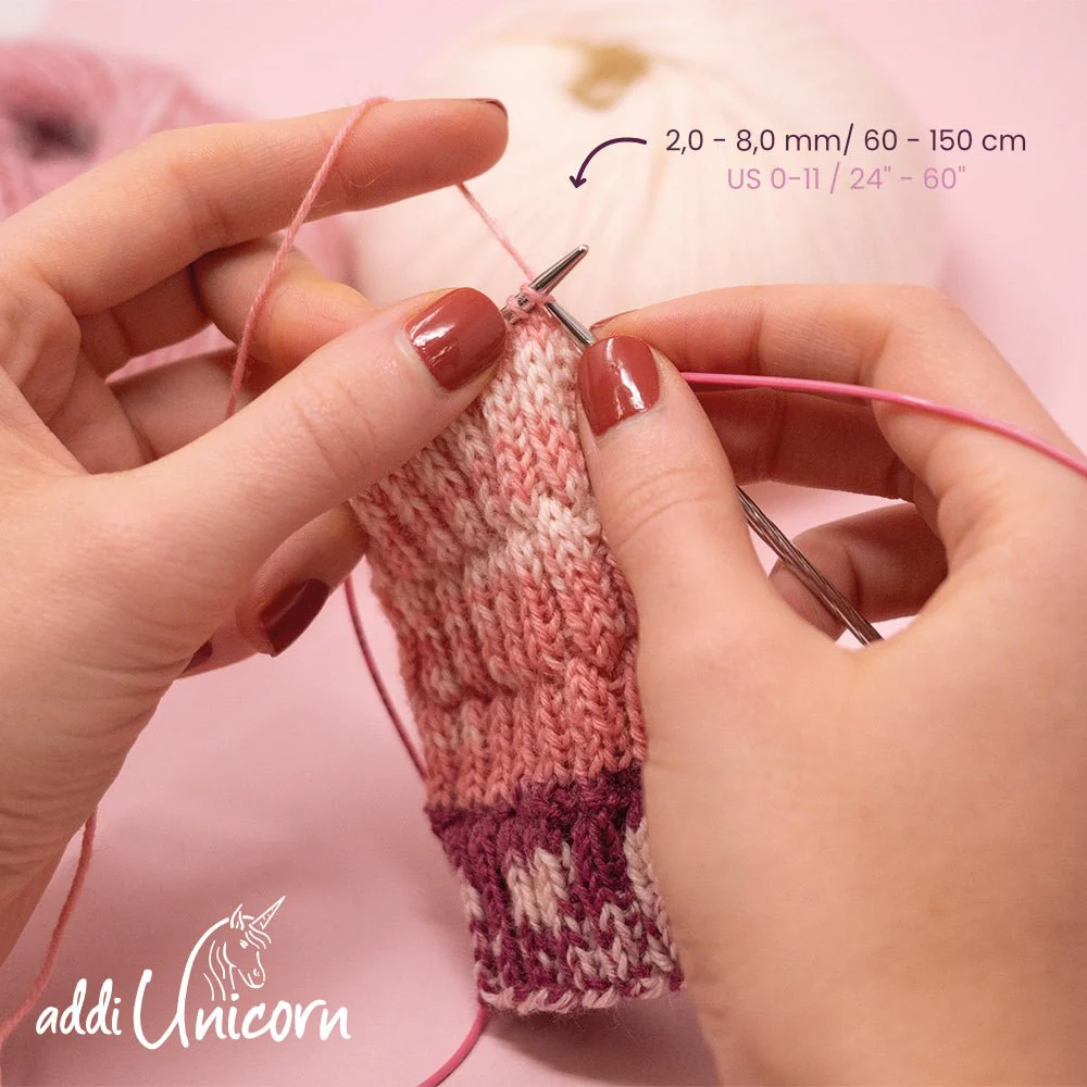 Unicorn Addi Circular Knitting Needles – Brass Tips with Pink Cable - Image 4